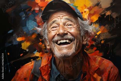  A painting of a happy old man with colorful paint.