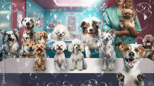 Group of dog gets hair cut at Pet Spa Grooming Salon. Australian shepherd in bath with bubbles, young groomer holding dog in the salon full of other dogs, haircut, comb the hair. Space for copy © Gorilla