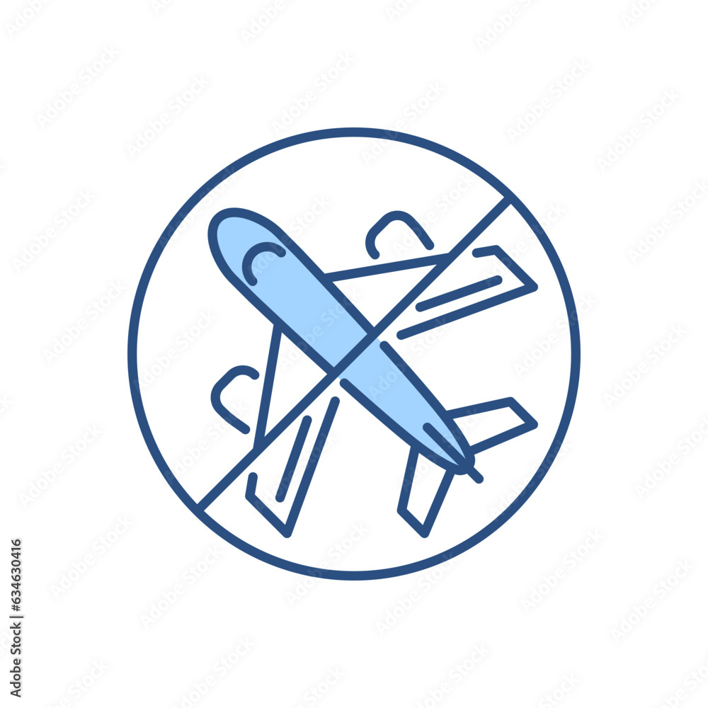 Avoid Travel related vector icon. Airplane in prohibition sign. Isolated on white background. Editable vector illustration