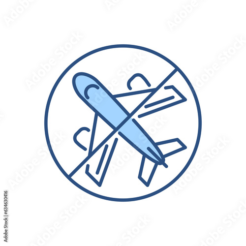 Avoid Travel related vector icon. Airplane in prohibition sign. Isolated on white background. Editable vector illustration