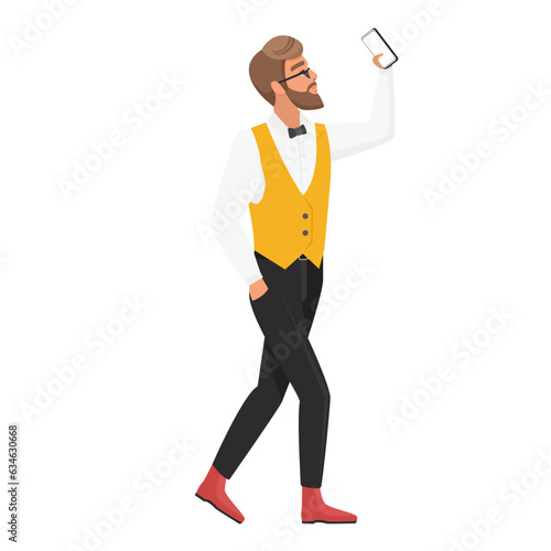 Hipster man taking selfie. Cool stylish hipster boy making blog content vector cartoon illustration