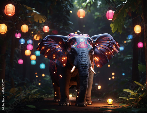 colorful elephant standing in the jungle, elephant and colorful fireflies. Elephant and jungle