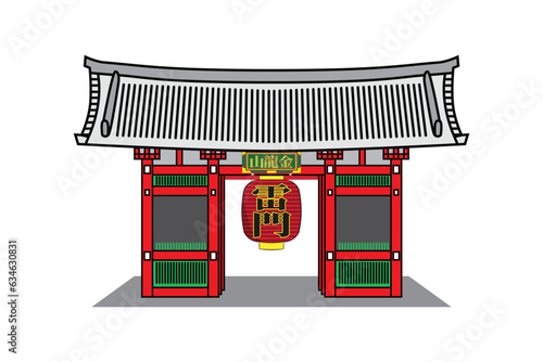 The famous entrance gate of Asakusa or senso ji temple Tokyo Japan with extra large lantern and Japanese text called kaminarimon meaning Thunder gate and drawing in cartoon vector