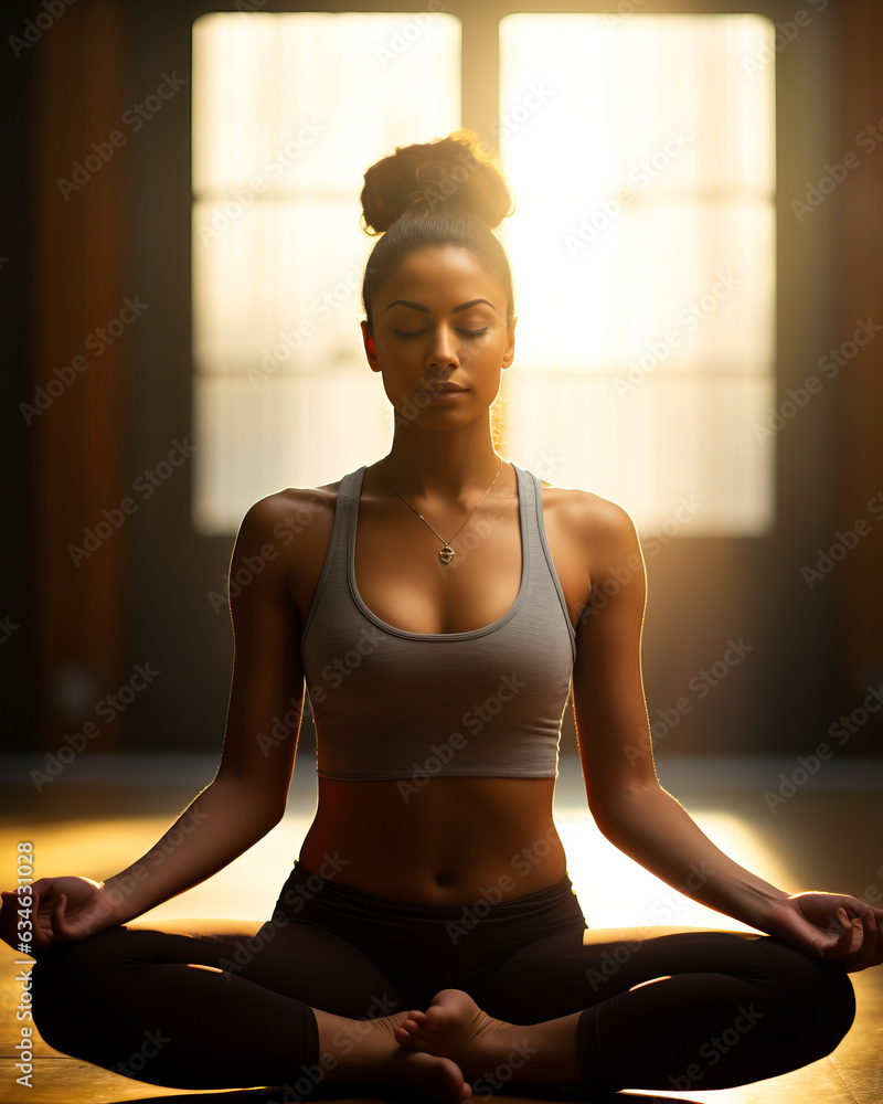 A woman meditating or practicing yoga in a gym in the morning. Embracing an active and healthy lifestyle. Shallow field of view.