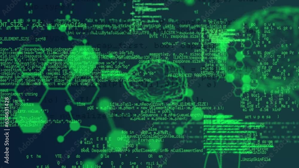 Animation of molecule structures, human brains and computer language over black background Animation of molecule structures, human brains and computer language over black background