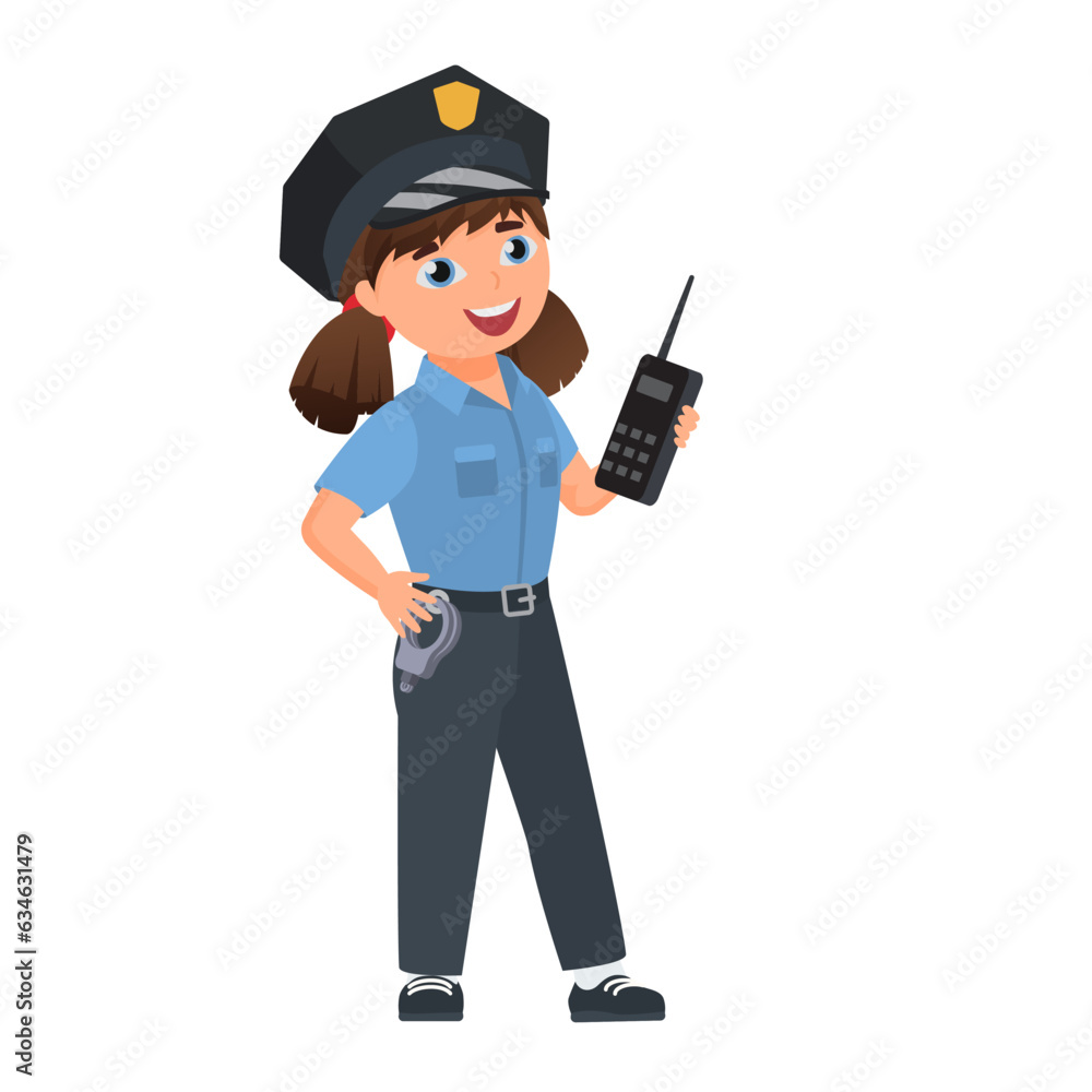 Little girl policeman. Police officer children profession vector cartoon illustration