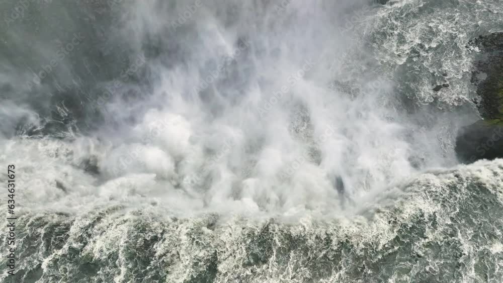 Aerial view of Famous Waterfall Dettifoss The largest waterfall in Iceland. Water falling from Dettifoss waterfall in slow motion. Aerial view of Famous Waterfall Dettifoss The largest waterfall in Iceland. Water falling from Dettifoss waterfall in slow motion.
