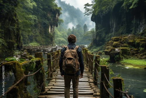Backpacker crossing a rickety bridge over a jungle river - stock photography concepts