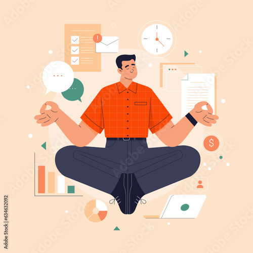 Meditating office worker. Vector illustration in flat cartoon style of a young man immersed in meditation in the lotus position against the background of graphs, documents, and work papers.