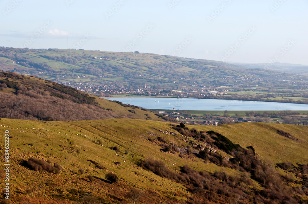 Cheddar Reservoir and the Mendip Hills from Crook Peak, Somerset, England, UK Cheddar Reservoir and the Mendip Hills from Crook Peak, Somerset, England, UK