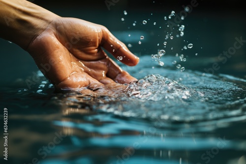 Close-up of a persons hand gently touching a water surf - stock photography concepts