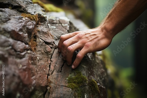 Close-up of a persons hand gripping a rock ledge - stock photography concepts
