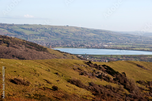 Cheddar Reservoir and the Mendip Hills from Crook Peak, Somerset, England, UK