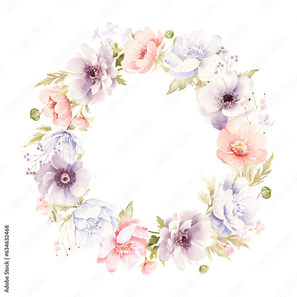 Watercolor floral wreaths and frames clipart. soft blue anemones, Pink and blue flowers, green leaves and branches, summer floral elements clip art.  for postcards and wedding invitation