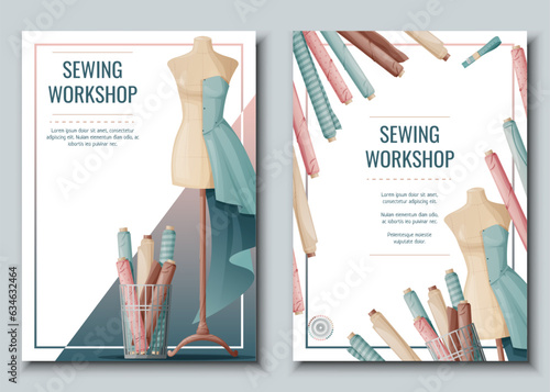 Flyer set with sewing mannequin and fabric rolls.Light industry. Needlework, hobby, sewing. Poster banner for sewing shop, workshop, atelier