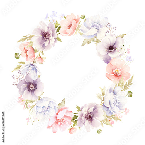 Watercolor floral wreaths and frames clipart. soft blue anemones, Pink and blue flowers, green leaves and branches, summer floral elements clip art.  for postcards and wedding invitation © Yevheniia Poli