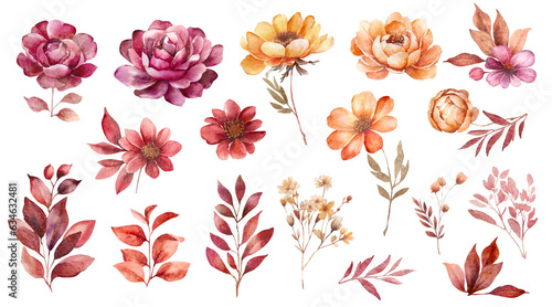 Fall floral wreath, autumn flowers and leaves.Watercolor orange leaves and wildflower clipart for autumn. Invitation or floral card design. PNG clipart.