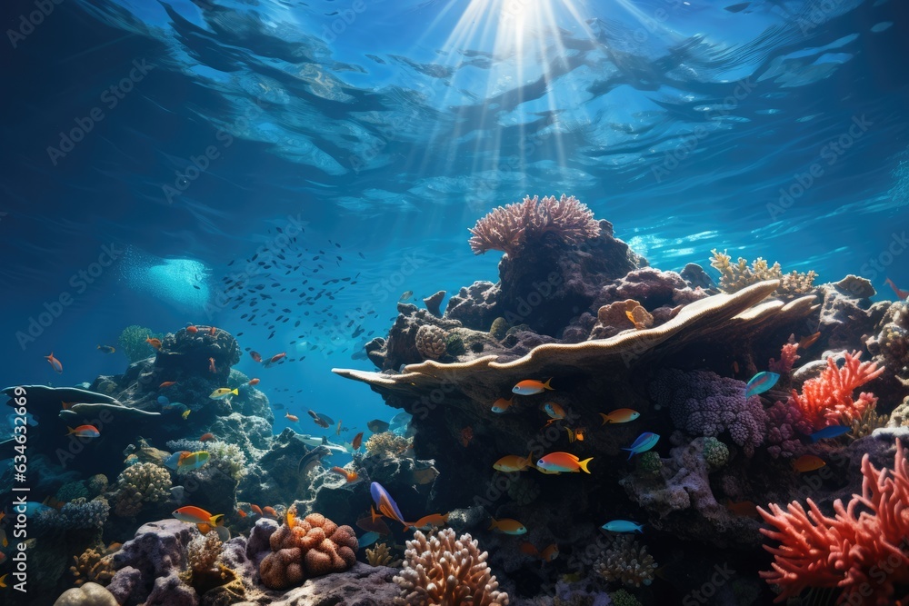 Obraz premium Diver swimming alongside colorful coral reefs - stock photography concepts