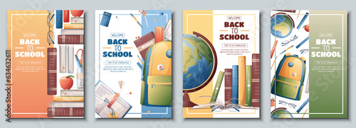 Set of school banners, flyers with backpack, globe, books. Back to school, teacher's day, love of knowledge. Background, poster with school supplies.
