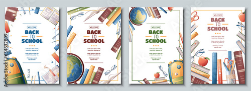 Set of school banners, flyers with backpack, globe, books. Back to school, teacher's day, love of knowledge. Background, poster with school supplies.