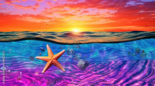 Summer sunset sky with deep blue ocean starfish seascape  vivid vaporwave colors  aquatic marine life wallpaper  travel and holiday destination background  tropical paradise - generative AI  