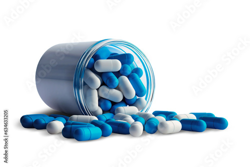 Plastic jar with capsules or tablets. drug drug. jar mockup. Pills poured out of an open jar with a vitamin. Place for logo and text. Element for design.