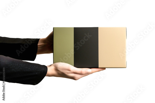 Hands with blank cardboard packing box on white isolated background. mockup. Element for design.