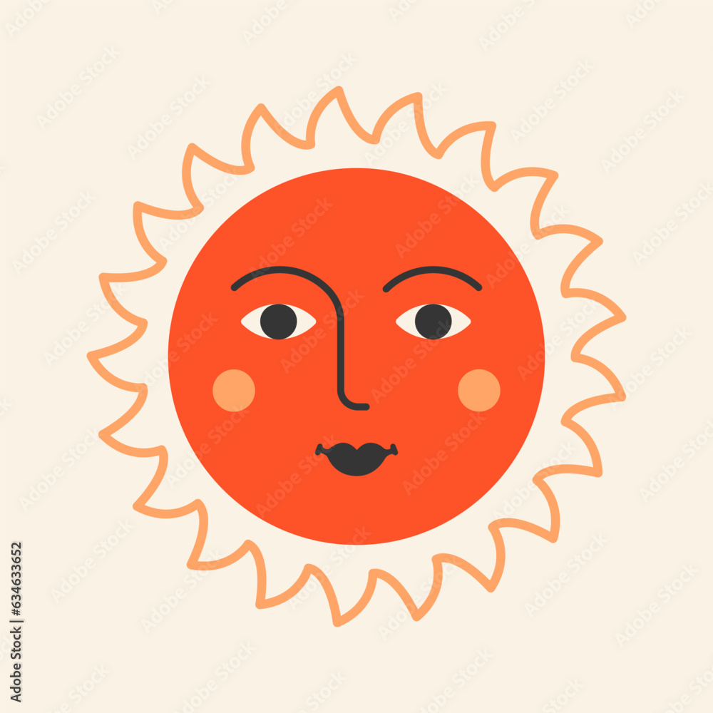Summer Sun flat icon. Warm shining beams with smiling cheerful face.  Sunshine emoji, positive emotions. Vector illustration