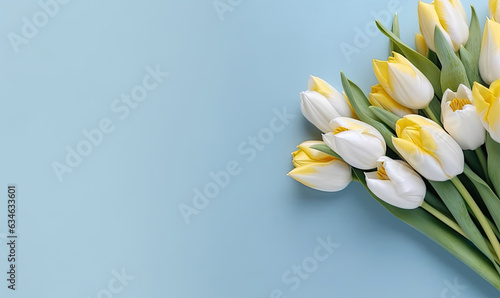 Wallpaper with yellow tulips. Flower on blue background. For banner, postcard, book illustration, products display presentation. Created with generative AI tools