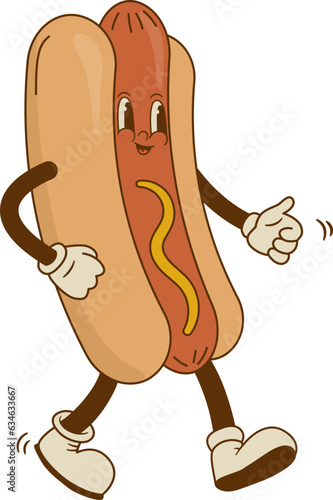 Cartoon hot dog character in retro groovy 70s style. Fast food vector illustration. Vintage bratwurst mascot. Nostalgia 60s, 80s