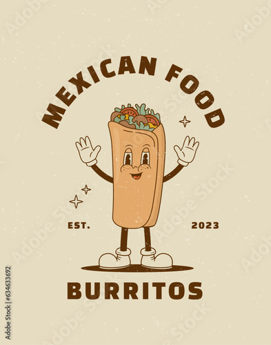 Cartoon burritos character in retro 70s style. Mexican food vector illustration. Vintage taco, kebab mascot poster. Nostalgia 60s, 1970s, 80s