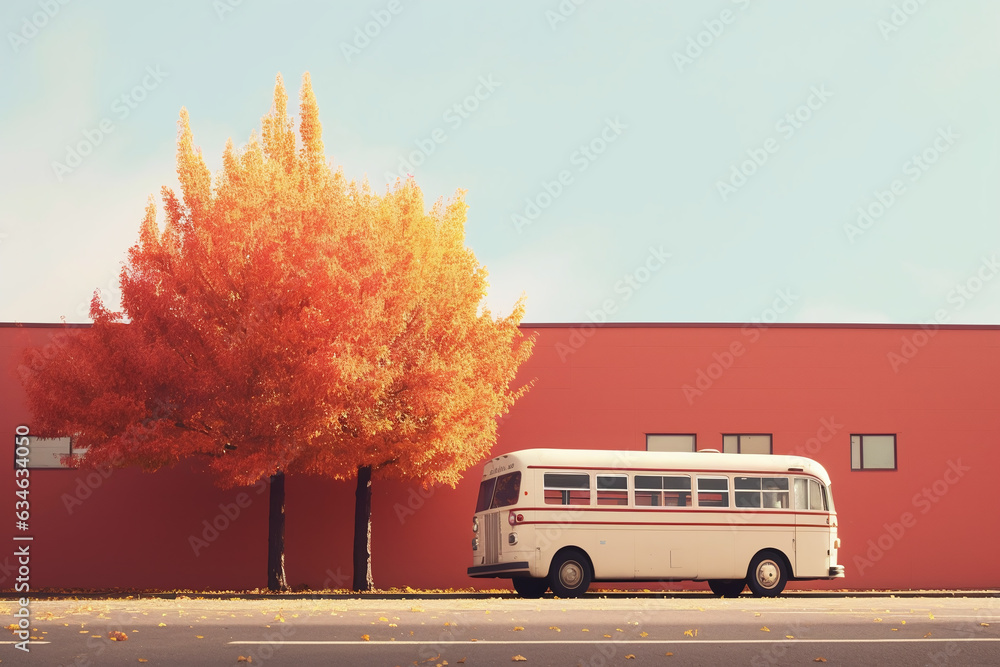 Obraz premium White bus and an orange trees in front of a red wall. Created with Generative AI technology