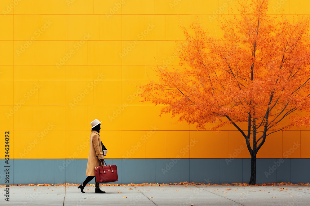 Woman walking with a red suitcase on sidewalk with yellow wall and autumn tree. Created with Generative AI technology - obrazy, fototapety, plakaty 