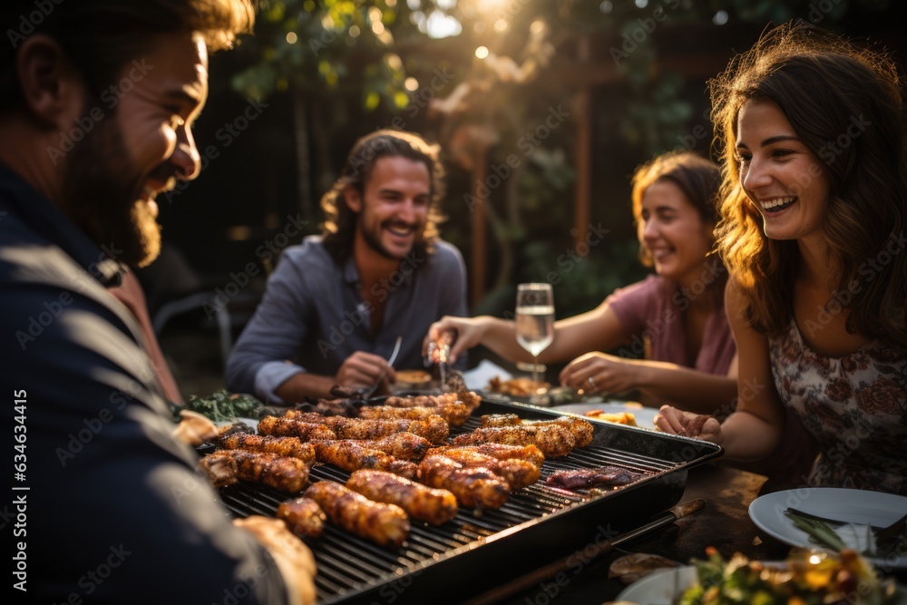 Friends sharing a delicious meal at an outdoor barbecue - stock photography concepts