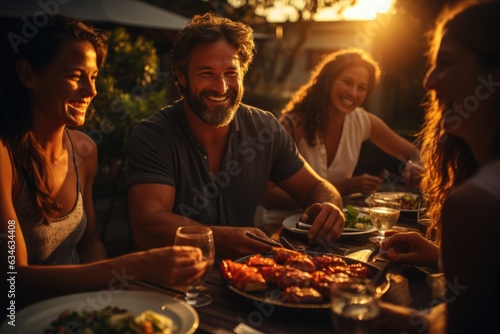 Friends sharing a delicious meal at an outdoor barbecue - stock photography concepts