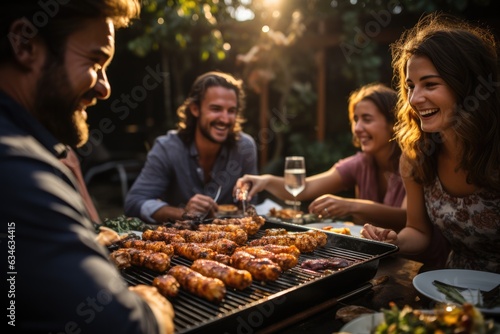 Friends sharing a delicious meal at an outdoor barbecue - stock photography concepts