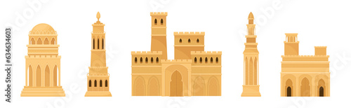 Arabic Architecture and Buildings with Arch Window Geometric Ornament Vector Set