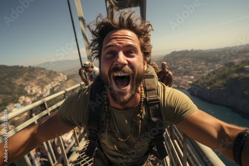 Man conquering his fear by bungee jumping off a bridge  - stock photography concepts photo