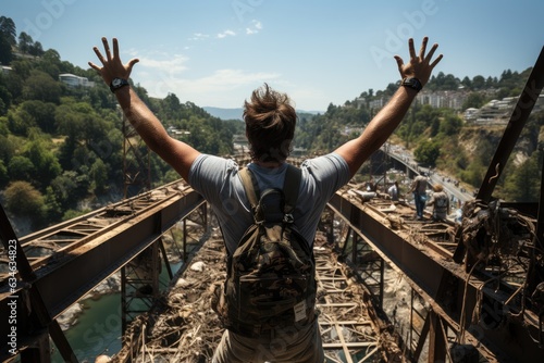 Man conquering his fear by bungee jumping off a bridge - stock photography concepts