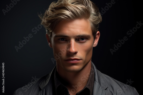 Magazine portrait caucasian confident young man, stylish handsome guy with haircut looking at camera