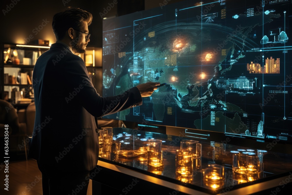 Man using a holographic interface to manipulate data - stock photography concepts Man using a holographic interface to manipulate data - stock photography concepts