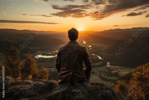 Man standing on a hill watching the sunset - stock photography concepts