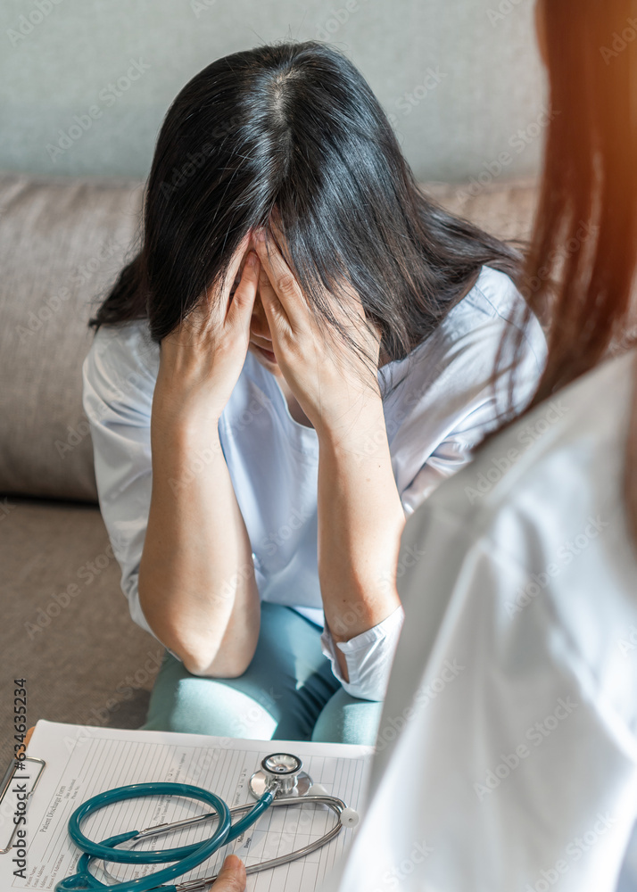 Headache, migraine patient, stressful depressed menopause ageing woman