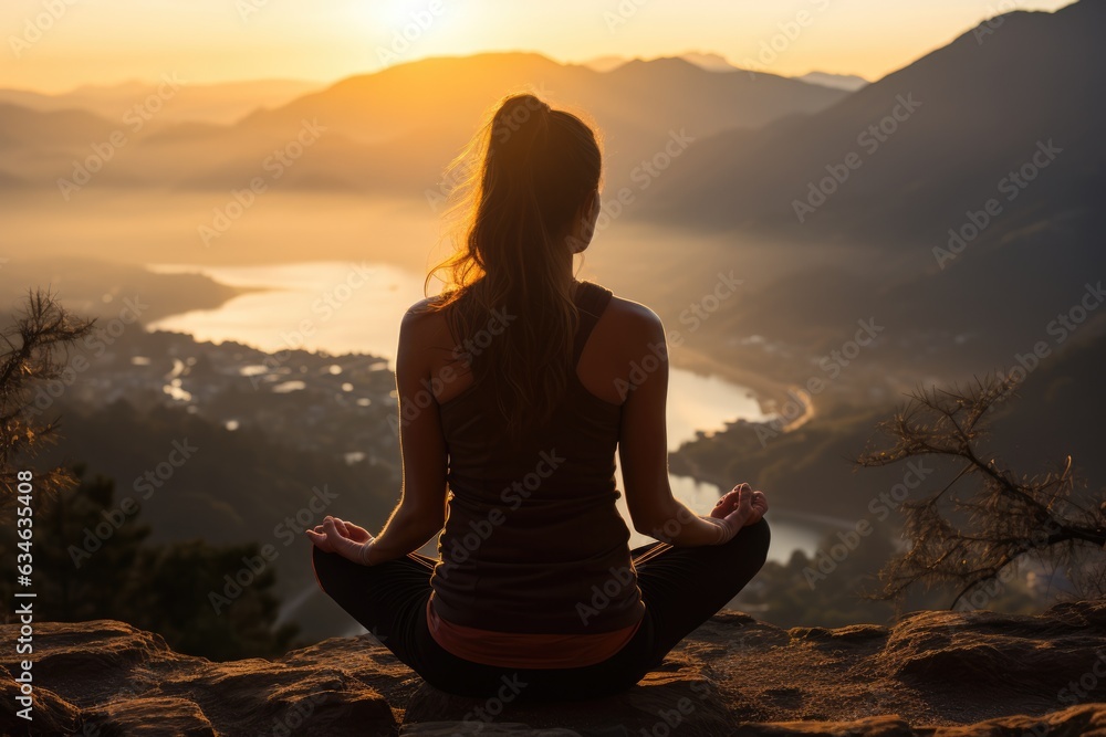 Person doing yoga on a serene mountaintop at sunrise - stock photography concepts Person doing yoga on a serene mountaintop at sunrise - stock photography concepts
