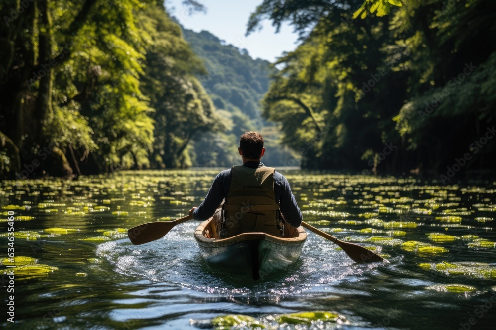 Person kayaking through a calm river - stock photography concepts Person kayaking through a calm river - stock photography concepts