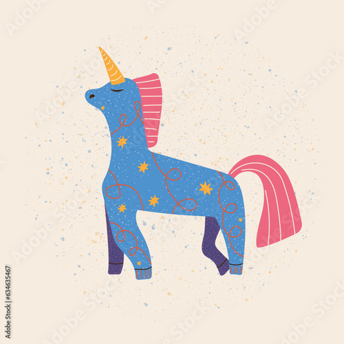 Unicorn vintage boho minimalist Scandinavian doodle art.  Abstract hand drawn design with dotted texture. Vector illlustration.