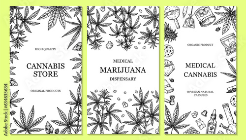 Cannabis vertical design for packaging, social media posts, store decoration, branding, certificates. Marijuana vector illustration in sketch style. Hemp engraved background