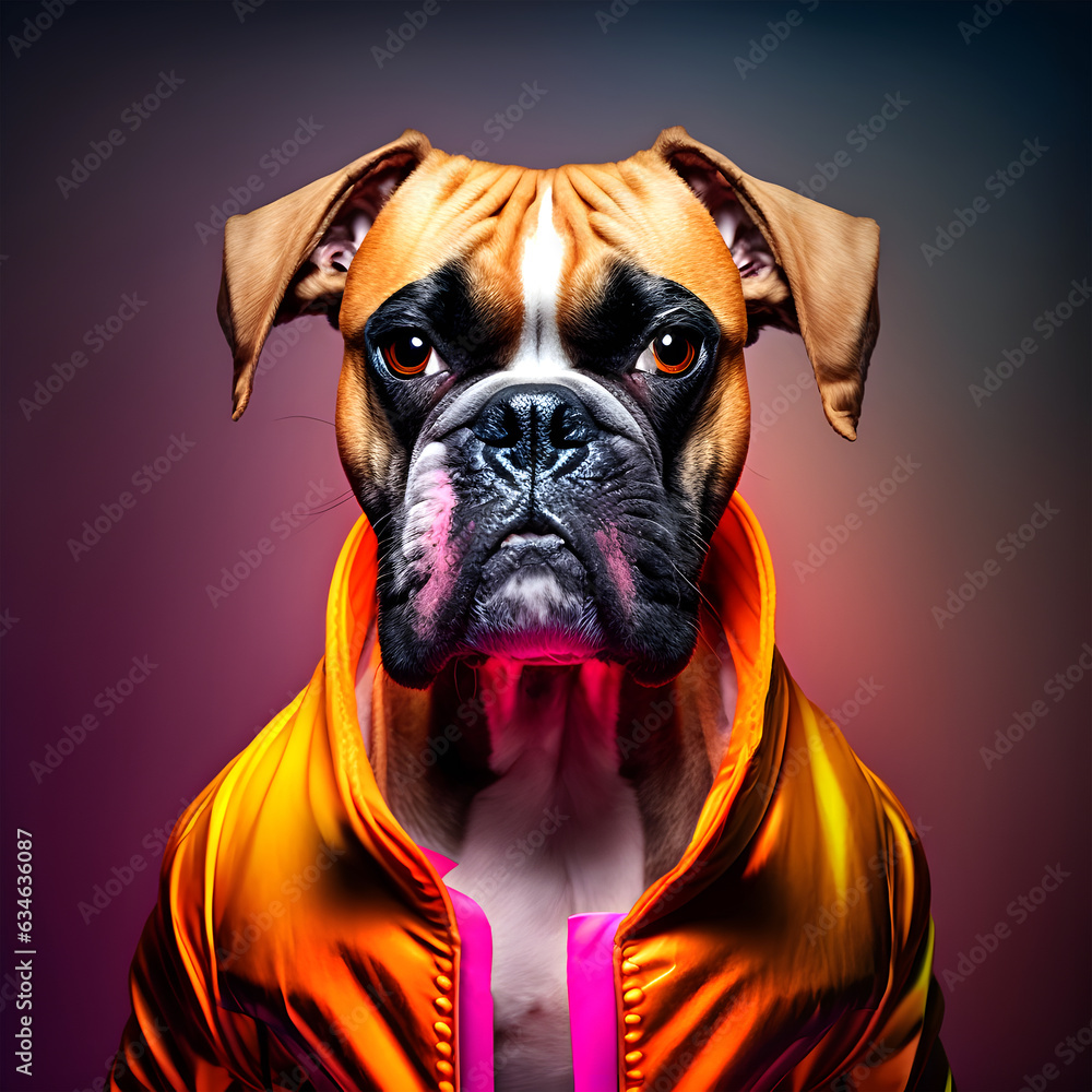 Realistic lifelike boxer dog puppy in fluorescent electric highlighters ultra-bright neon outfits, commercial, editorial advertisement, surreal surrealism. 80s Era comeback

