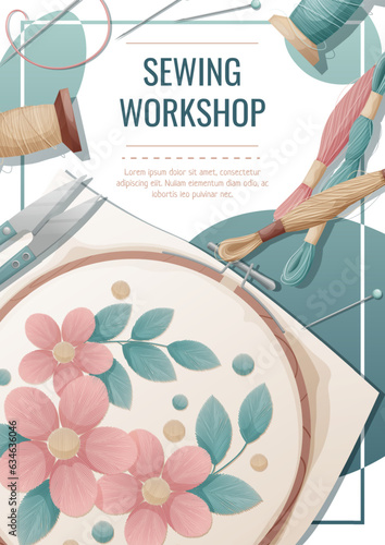 Flyer template for sewing atelier, workshop. Poster with hoop, thread, scissors, sewing tools. Hobby, needlework, light industry. A4 banners for advertising