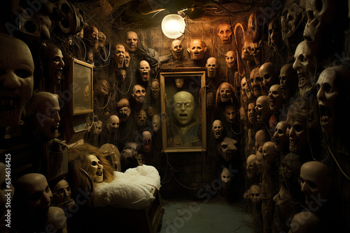 Fototapeta kuchenna Halloween scary horror faces on the wall in a haunted room, with Generative AI